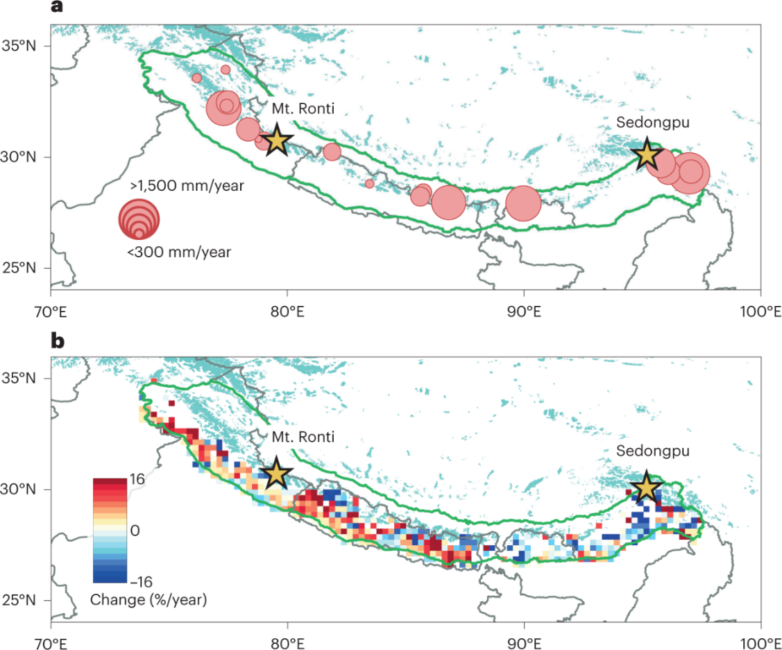 图1. 2003-2021年期间喜马拉雅山地区a)冰川质量亏损和b)植被火燃烧变化.png